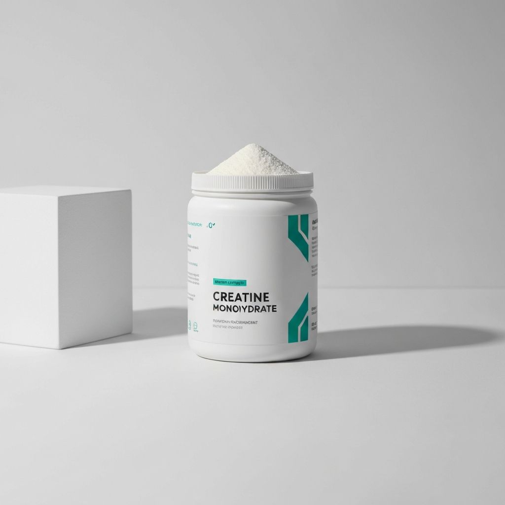 Creatine monohydrate supplement powder in a professional container