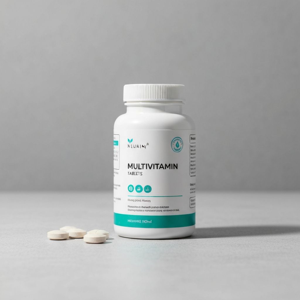 Daily multivitamin supplement bottle with comprehensive vitamin blend