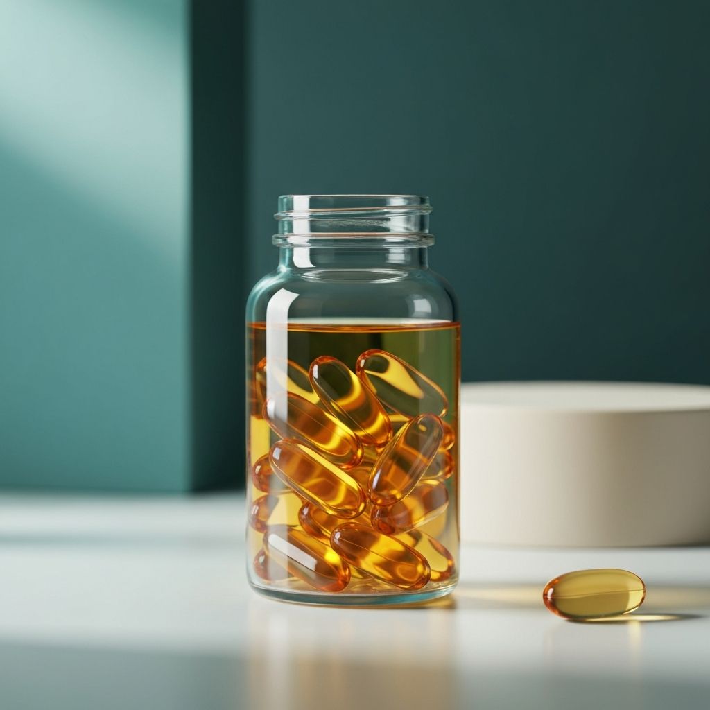 Omega-3 fish oil capsules in a clear amber bottle