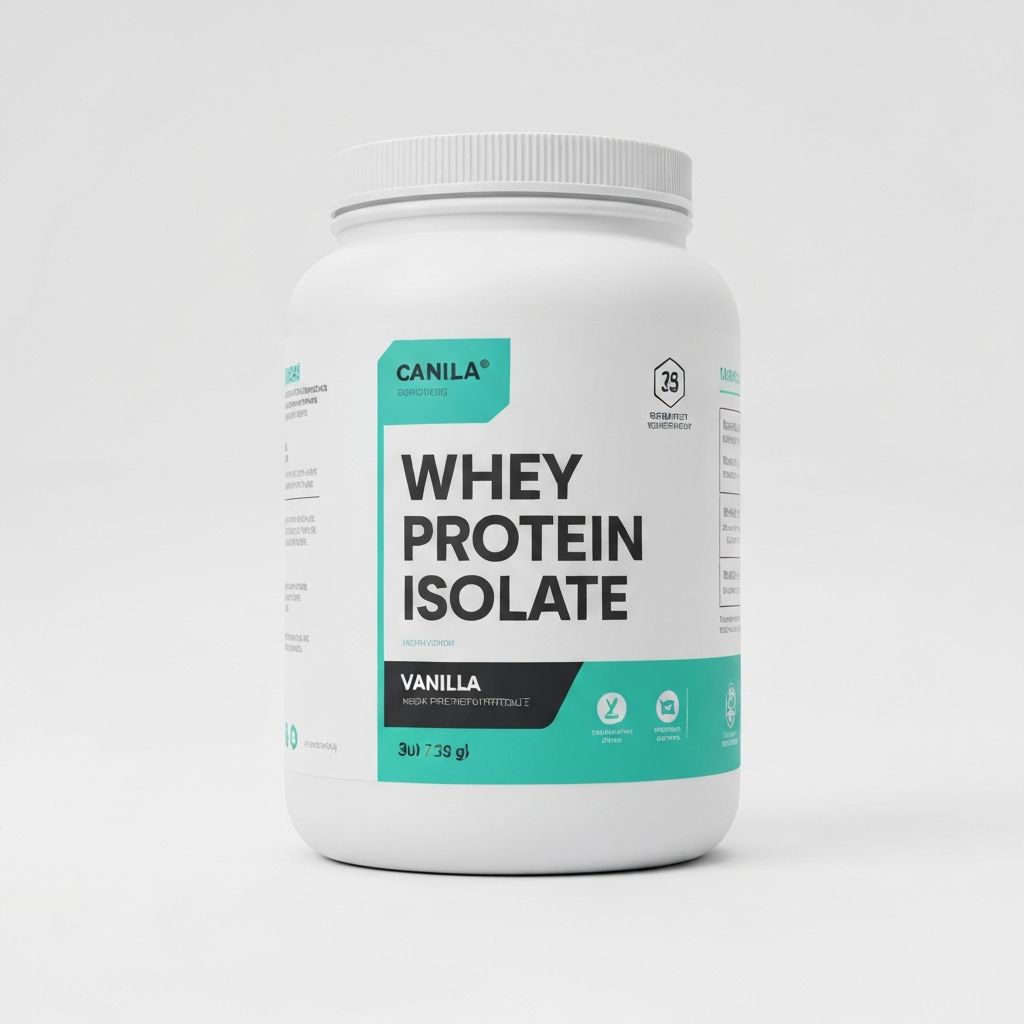 Whey protein isolate supplement container with vanilla flavor
