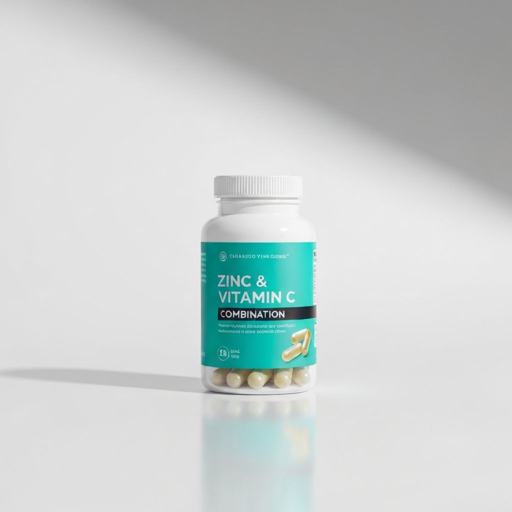 Zinc and vitamin C combination supplement bottle with capsules